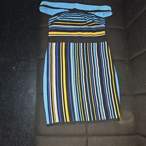 Fashion Nova Women Off-Shoulder Dress - Blue, Yellow, Black Stripes
